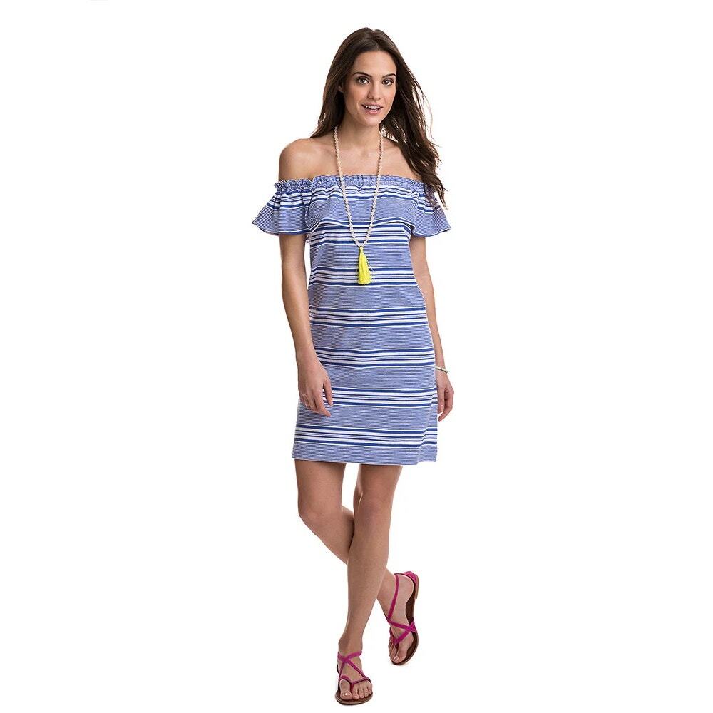 Vineyard Vines Blue and White Off-Shoulder Stripe Dress